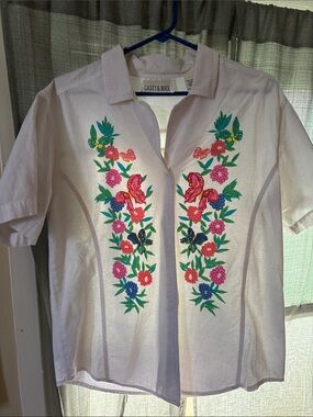 Casey & Max White Short-Sleeve Blouse with Multicolor Floral printing.